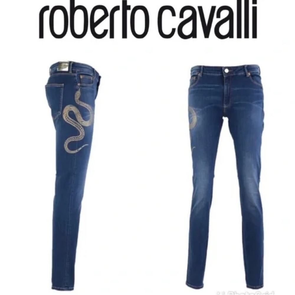 Roberto Cavalli designer Blue Jeans with Gold Snake Design size 44 (European)